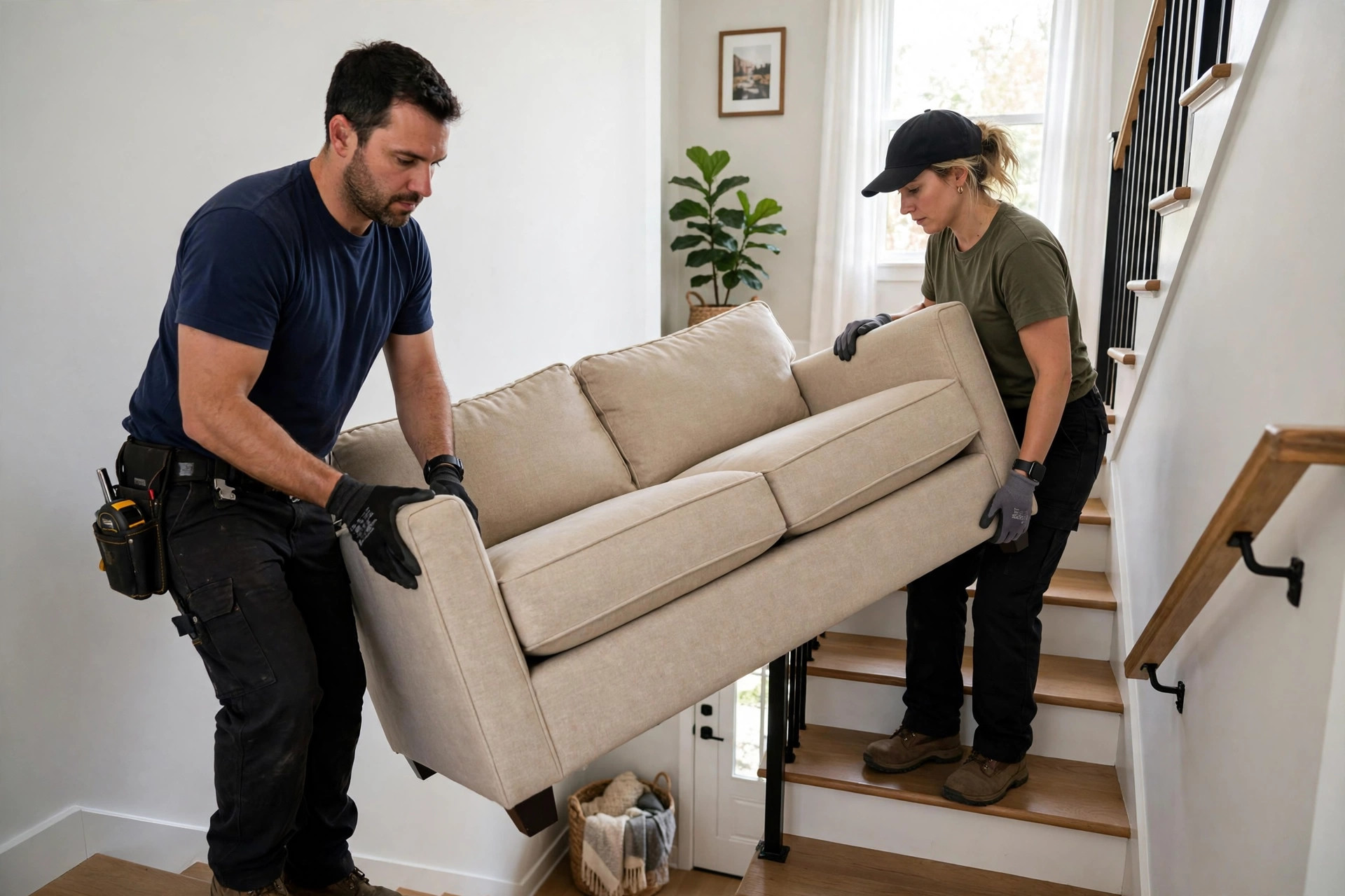 Movers carrying a sofa down a staircase during a moving help job in Niagara Falls