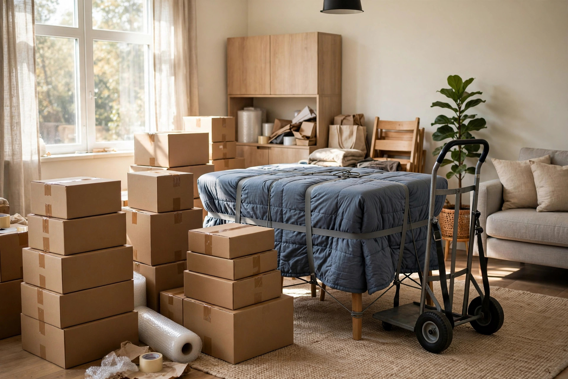 Packed moving boxes and a wrapped table ready for moving day in Niagara Falls