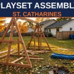 Playset assembly in St. Catharines — wooden playset being assembled in a backyard