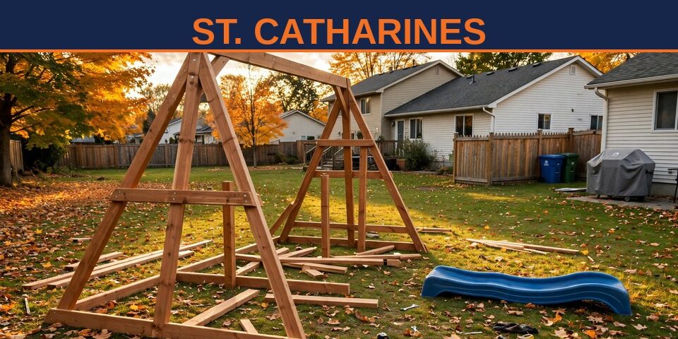 Playset assembly in St. Catharines — wooden playset being assembled in a backyard