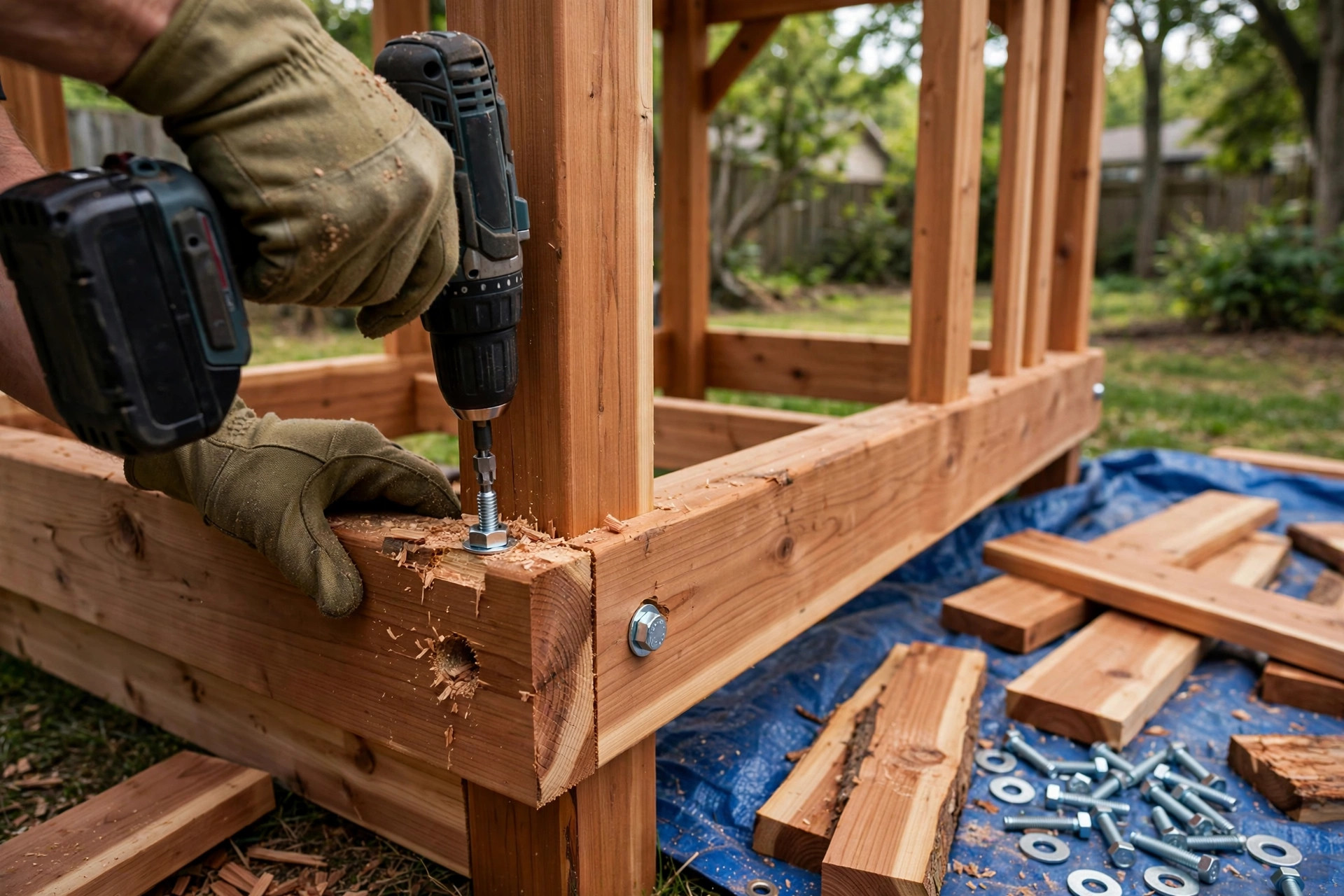 Playset assembly in St. Catharines — fastening bolts into a cedar playset frame with a cordless drill
