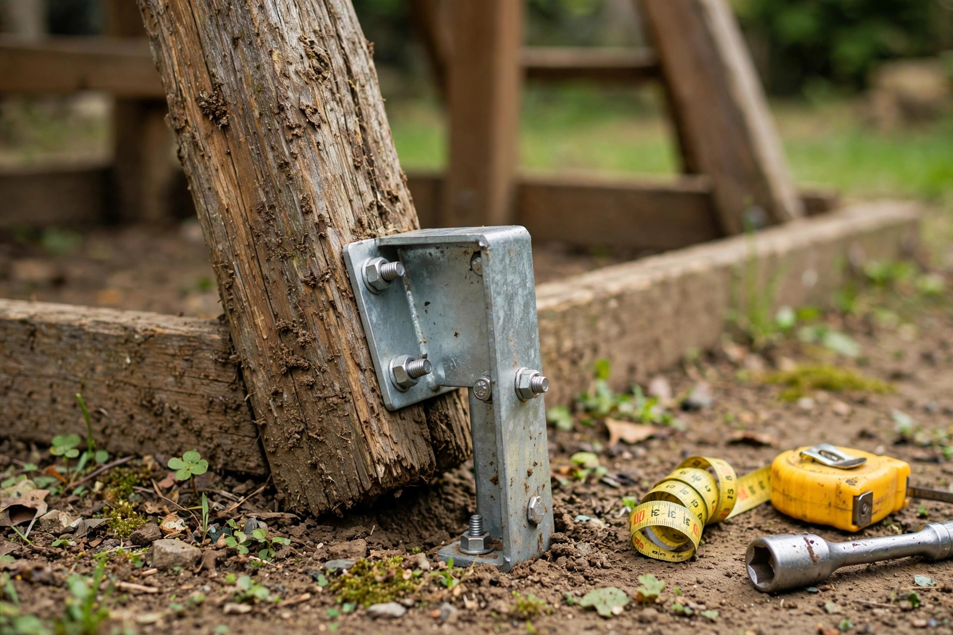 Playset assembly in St. Catharines — ground anchor hardware bolted to a wooden playset leg