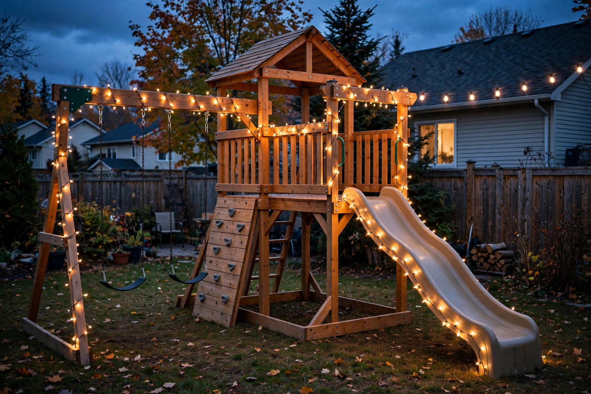 Playset assembly in St. Catharines — finished wooden playset decorated with holiday string lights at dusk