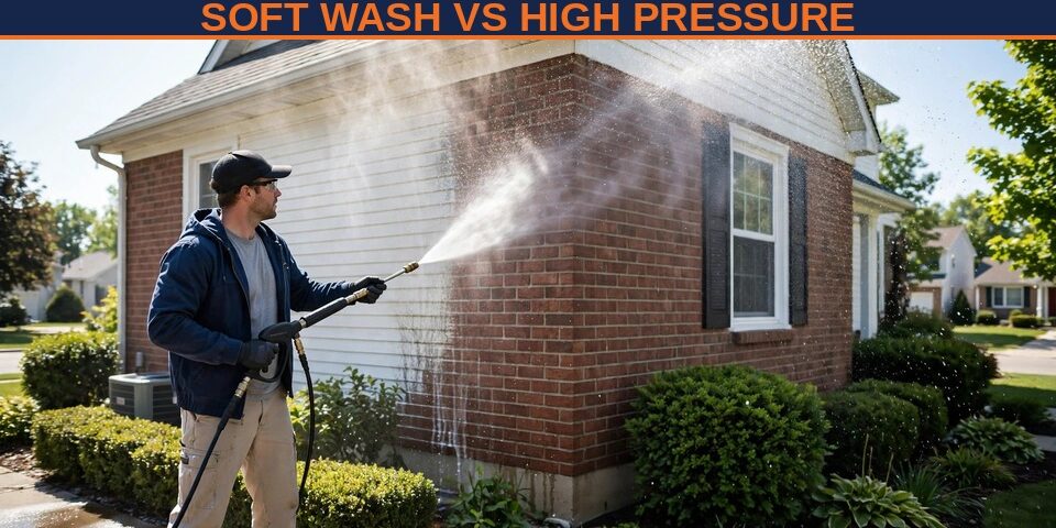Pressure washing in Niagara — BuildNest blog poster comparing soft wash and high pressure