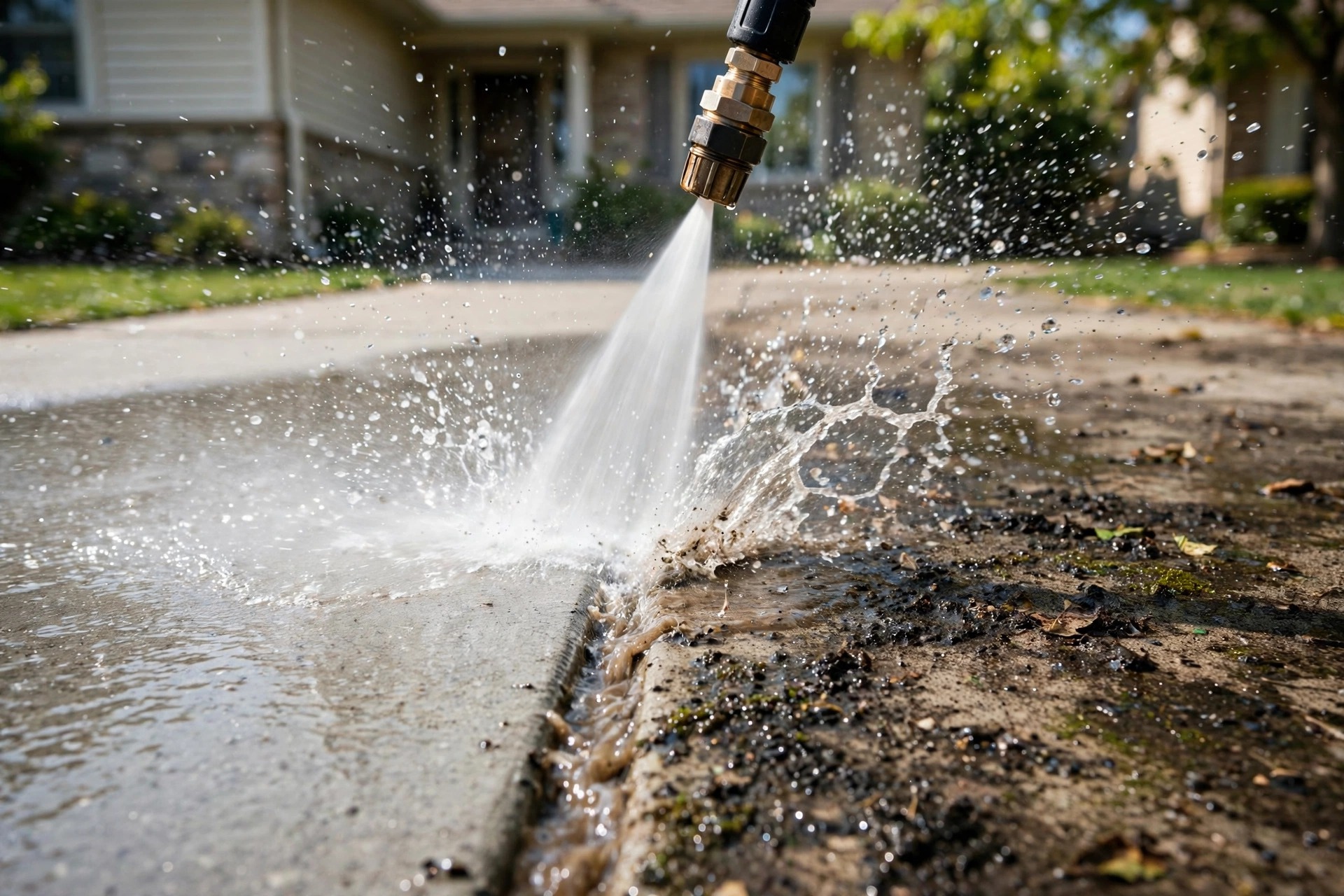 Pressure washer nozzle blasting dirt and grime from a concrete driveway in Niagara