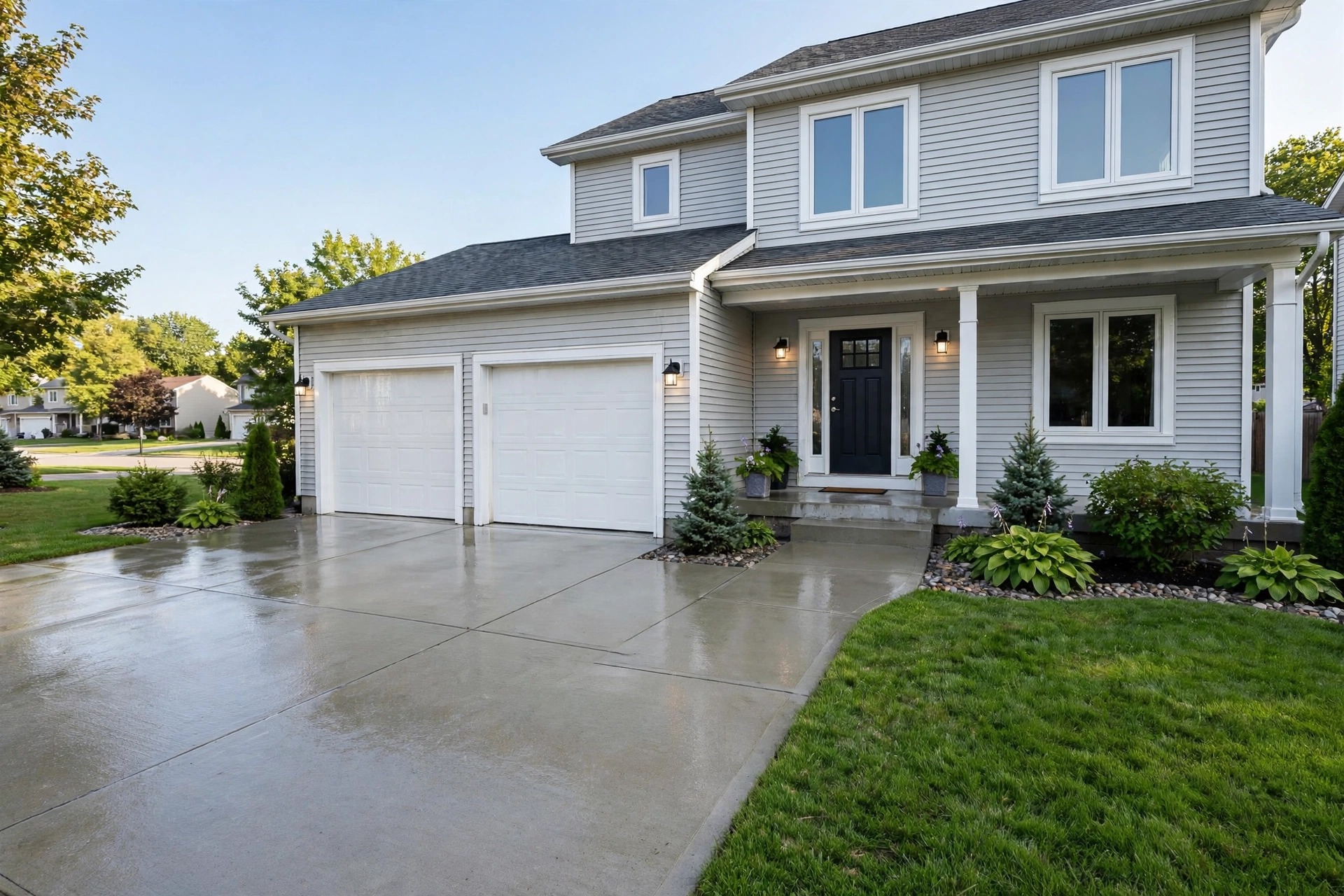 Freshly washed suburban Niagara home with clean siding and driveway after pressure washing in Niagara