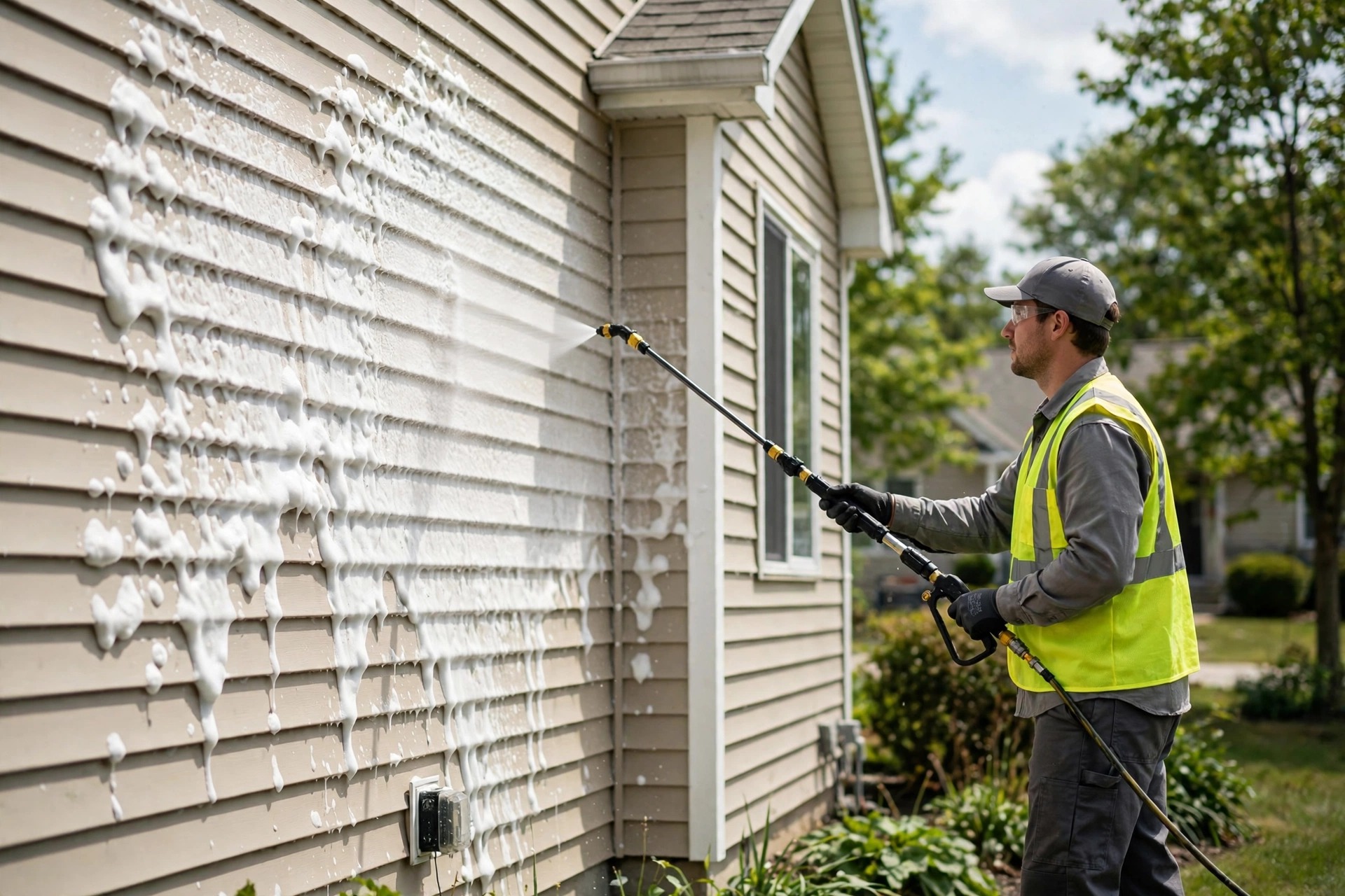 Technician soft washing vinyl siding with low-pressure foamy detergent during pressure washing in Niagara