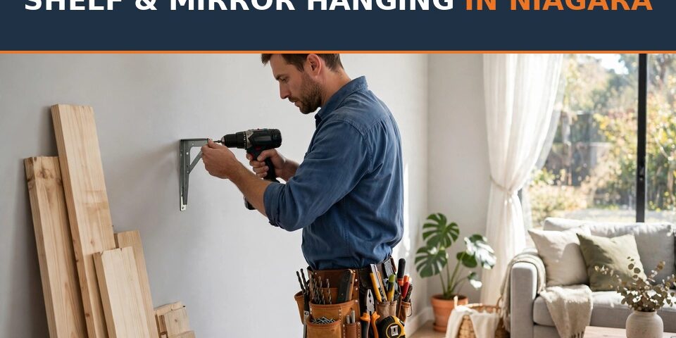 Shelf and mirror hanging in Niagara — BuildNest handyman mounting a floating shelf bracket