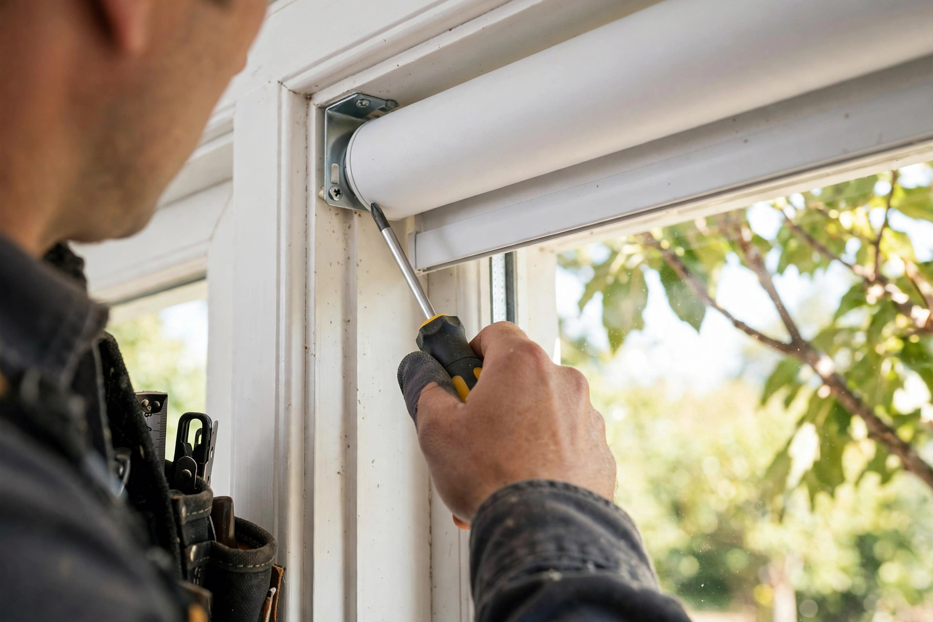 Handyman mounting a roller blind bracket inside a window frame during shelf and mirror hanging in Niagara