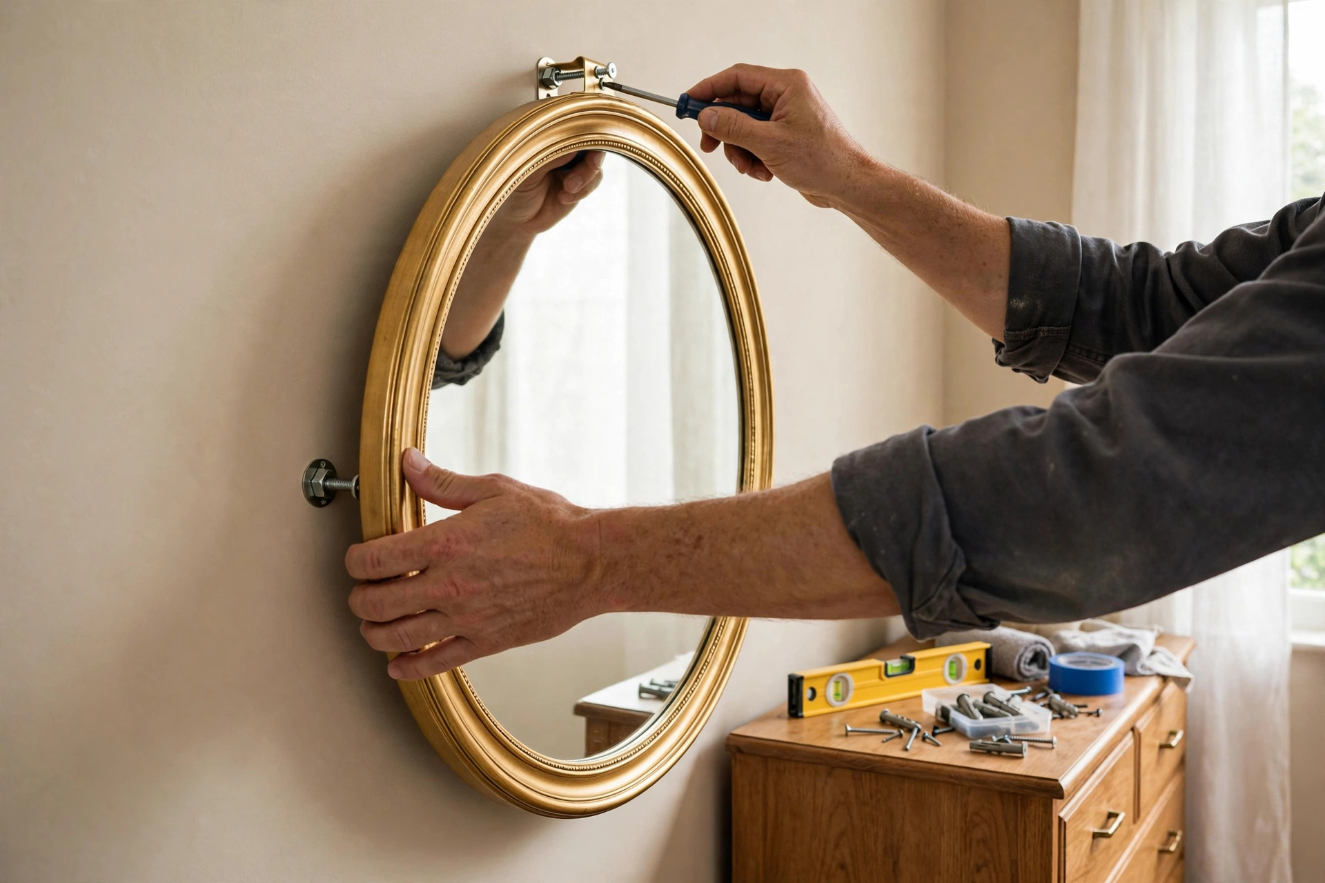 Handyman securing a heavy round mirror to the wall on a heavy-duty anchor during shelf and mirror hanging in Niagara