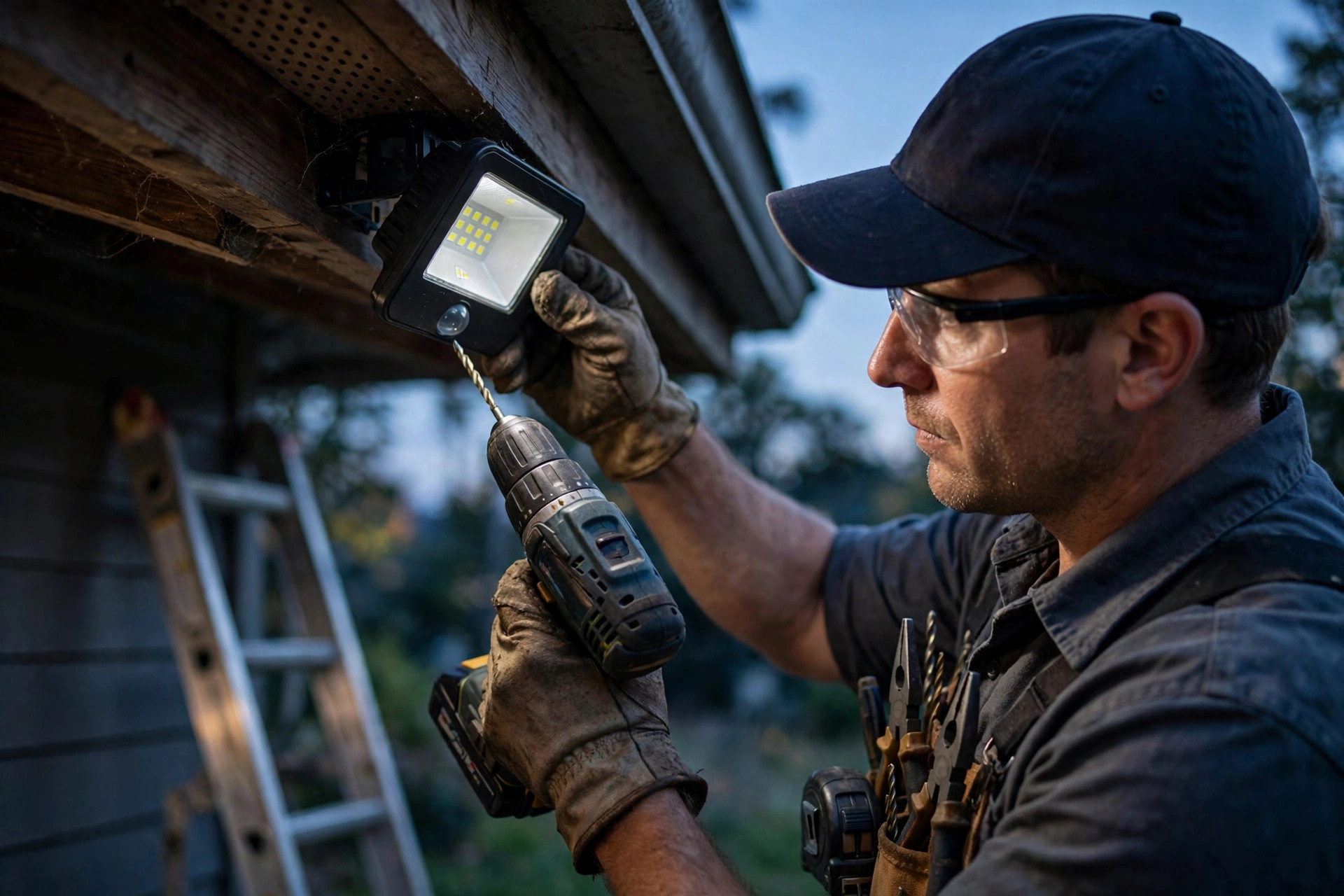 Smart home installation Niagara — handyman mounting a motion-sensor LED floodlight under a house eave at dusk