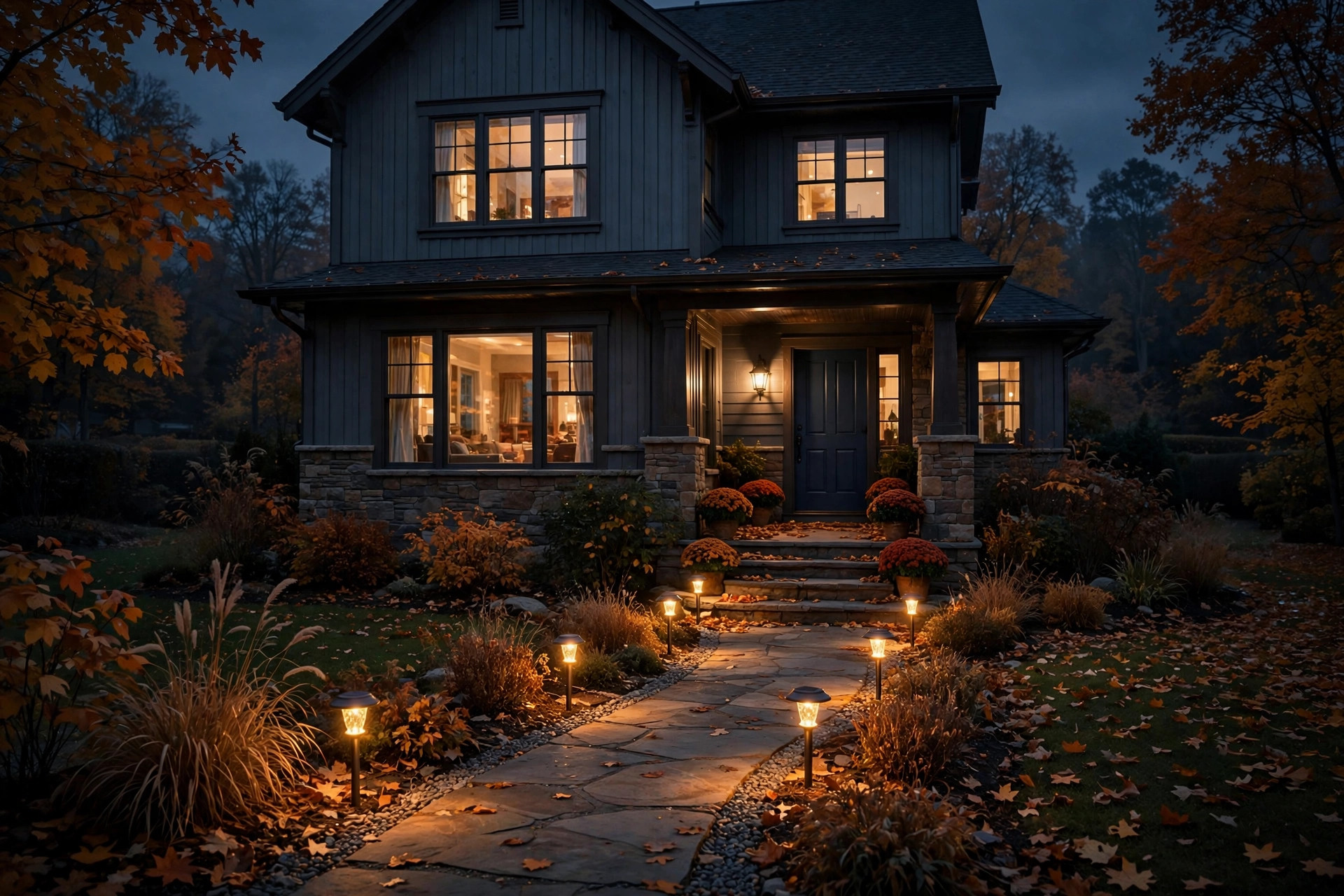 Smart home installation Niagara — solar pathway lights glowing along a walkway on a dark autumn evening