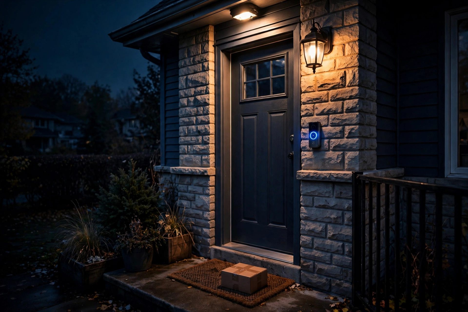 Smart home installation Niagara — smart video doorbell with glowing button on a dark front porch