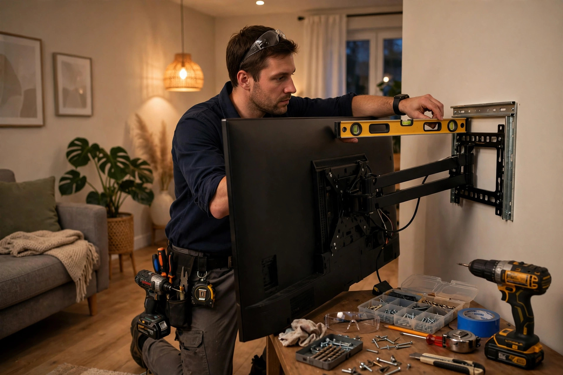 Technician leveling a wall-mount bracket for a flat-screen TV during smart home installation in St. Catharines