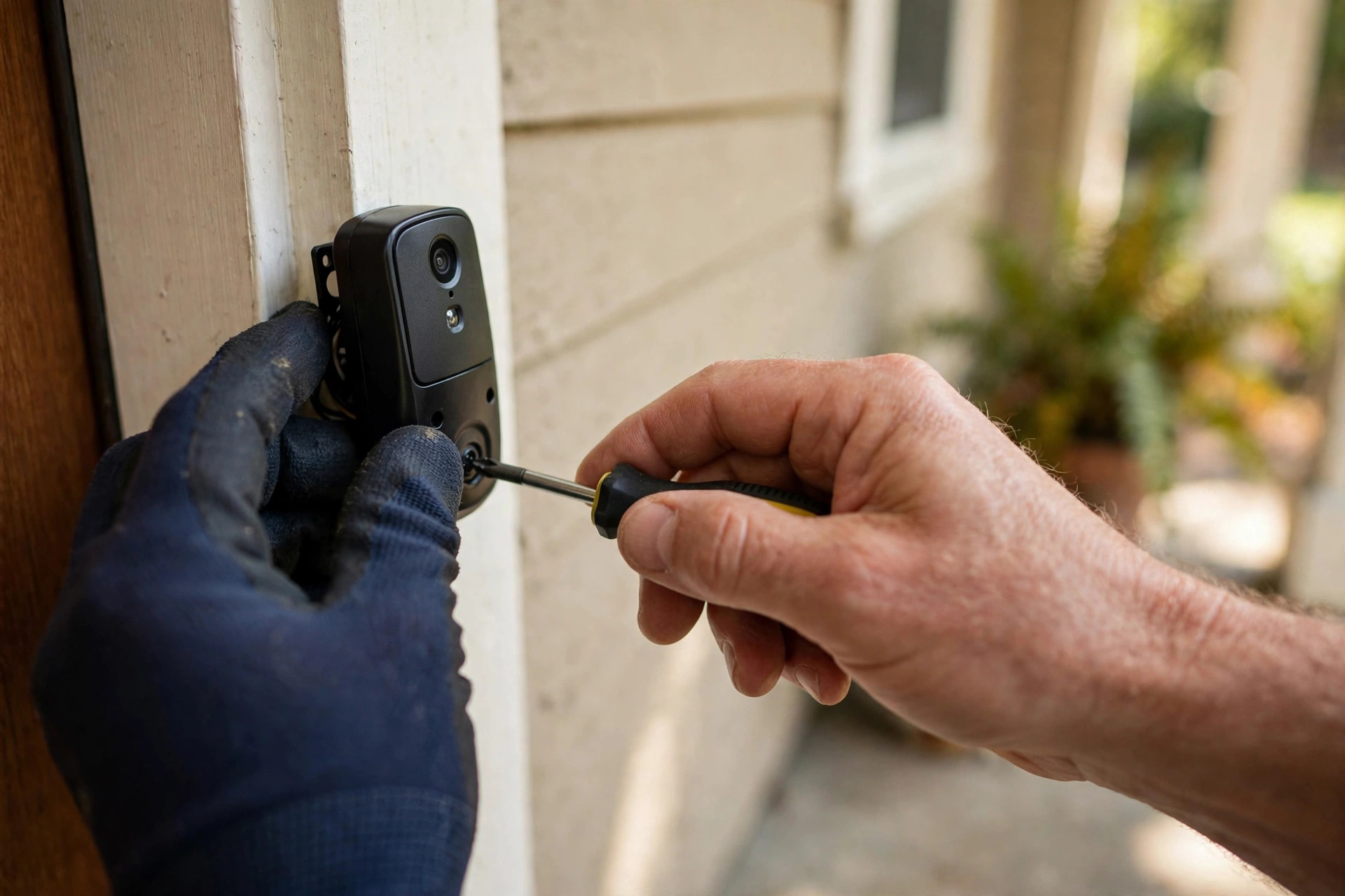 Installing a video doorbell on a front door frame during smart home installation in St. Catharines