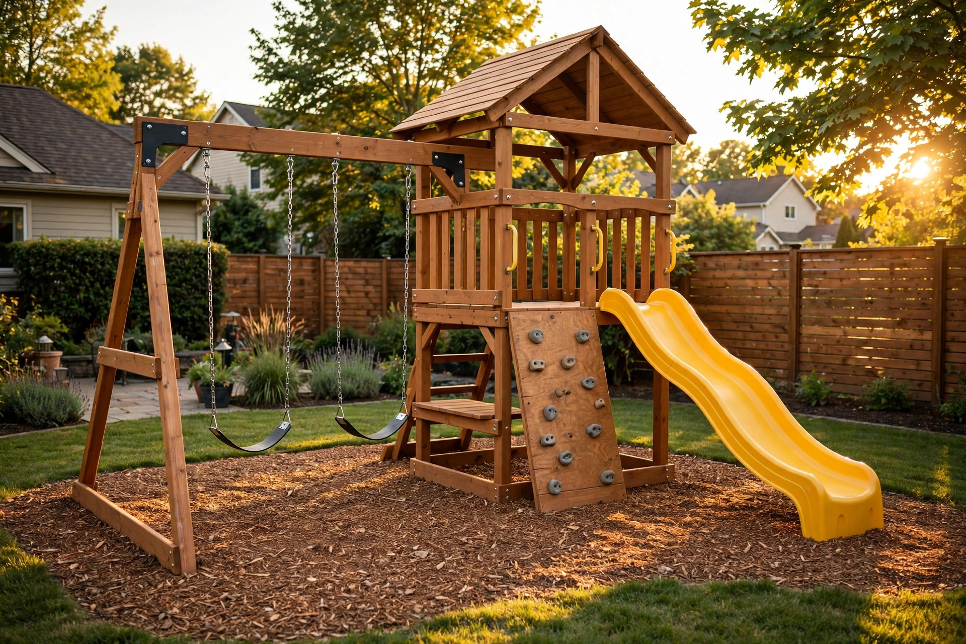 Finished swing set assembly in Niagara — wooden playset with slide and swings on fresh mulch