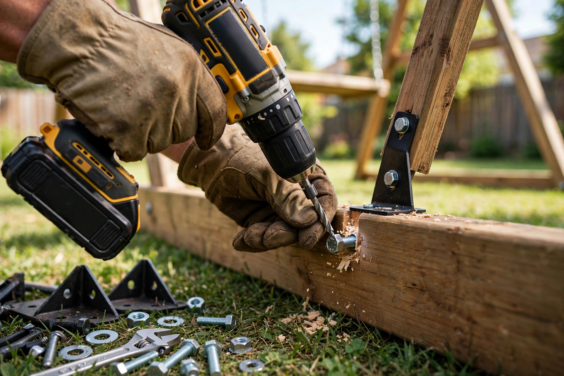 Handyman driving bolts with a cordless drill into a wooden swing set frame during swing set assembly in Niagara