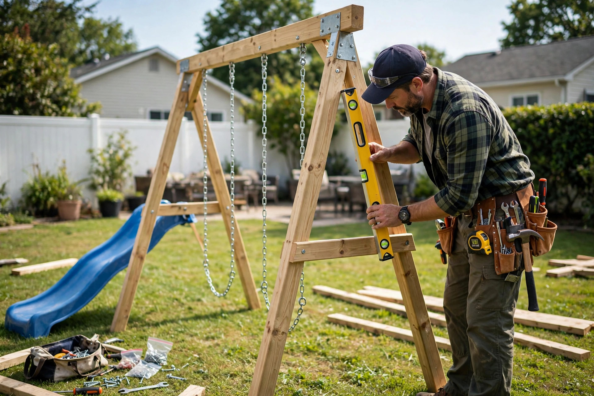 BuildNest handyman leveling a wooden swing set A-frame with a spirit level in a Niagara backyard
