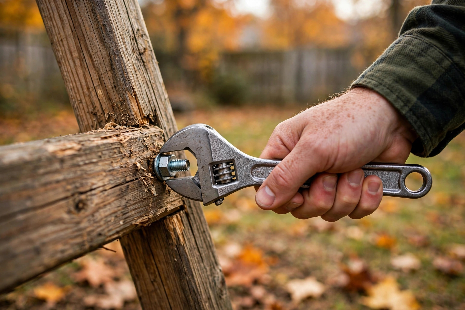 Tightening a bolt on a wooden swing set frame during swing set winterization in Canada
