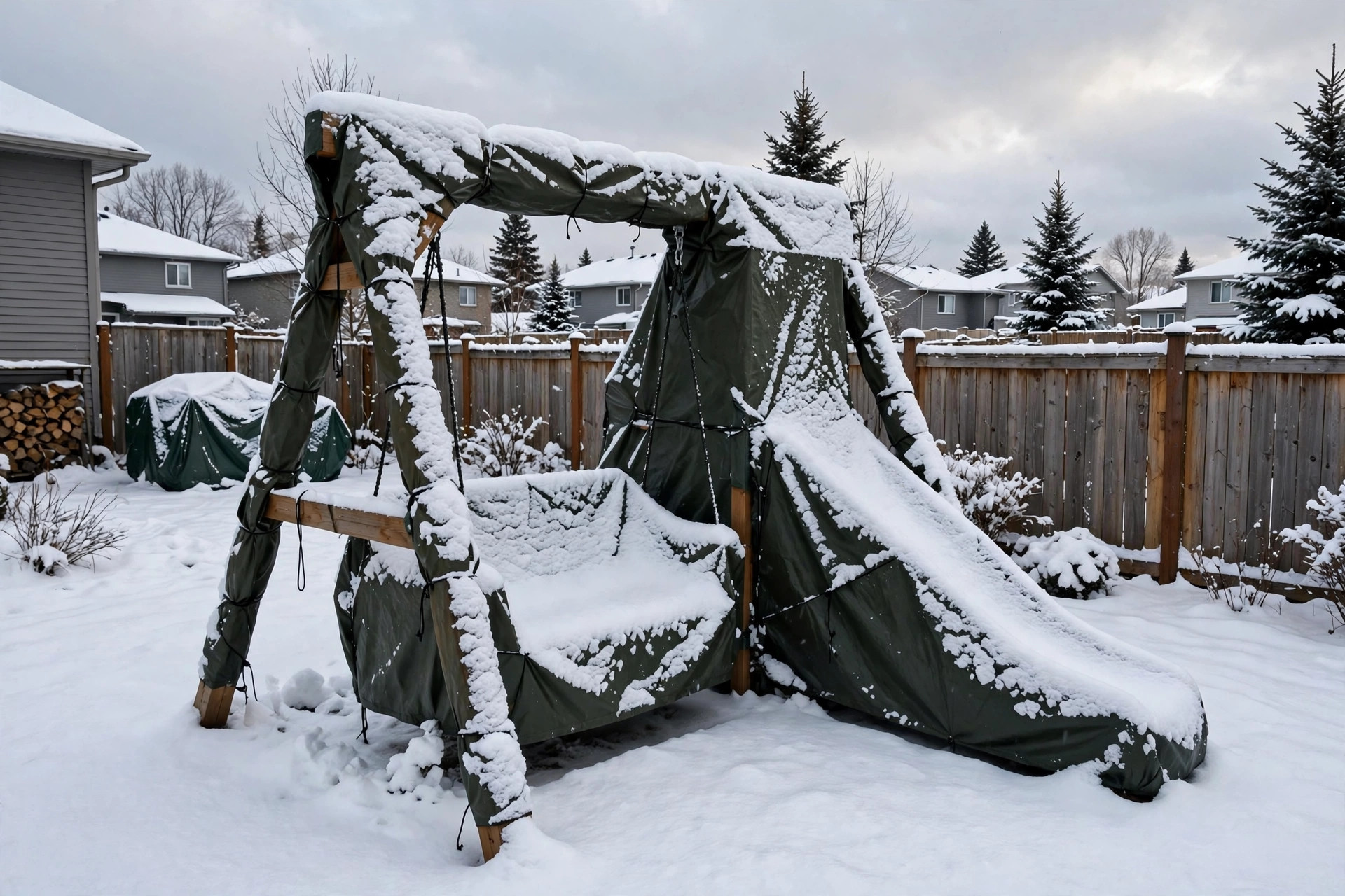 Winterized swing set covered with tarps under snow in Canada after swing set winterization