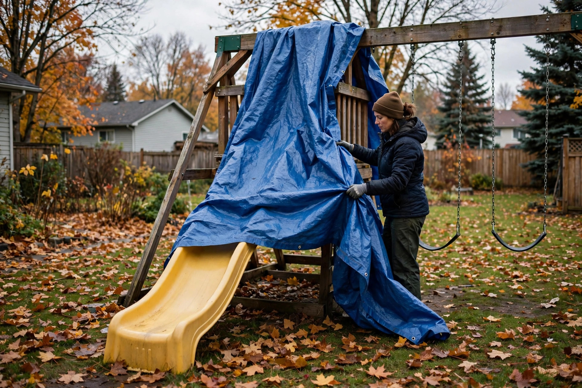 Covering a swing set slide with a tarp for swing set winterization in Canada