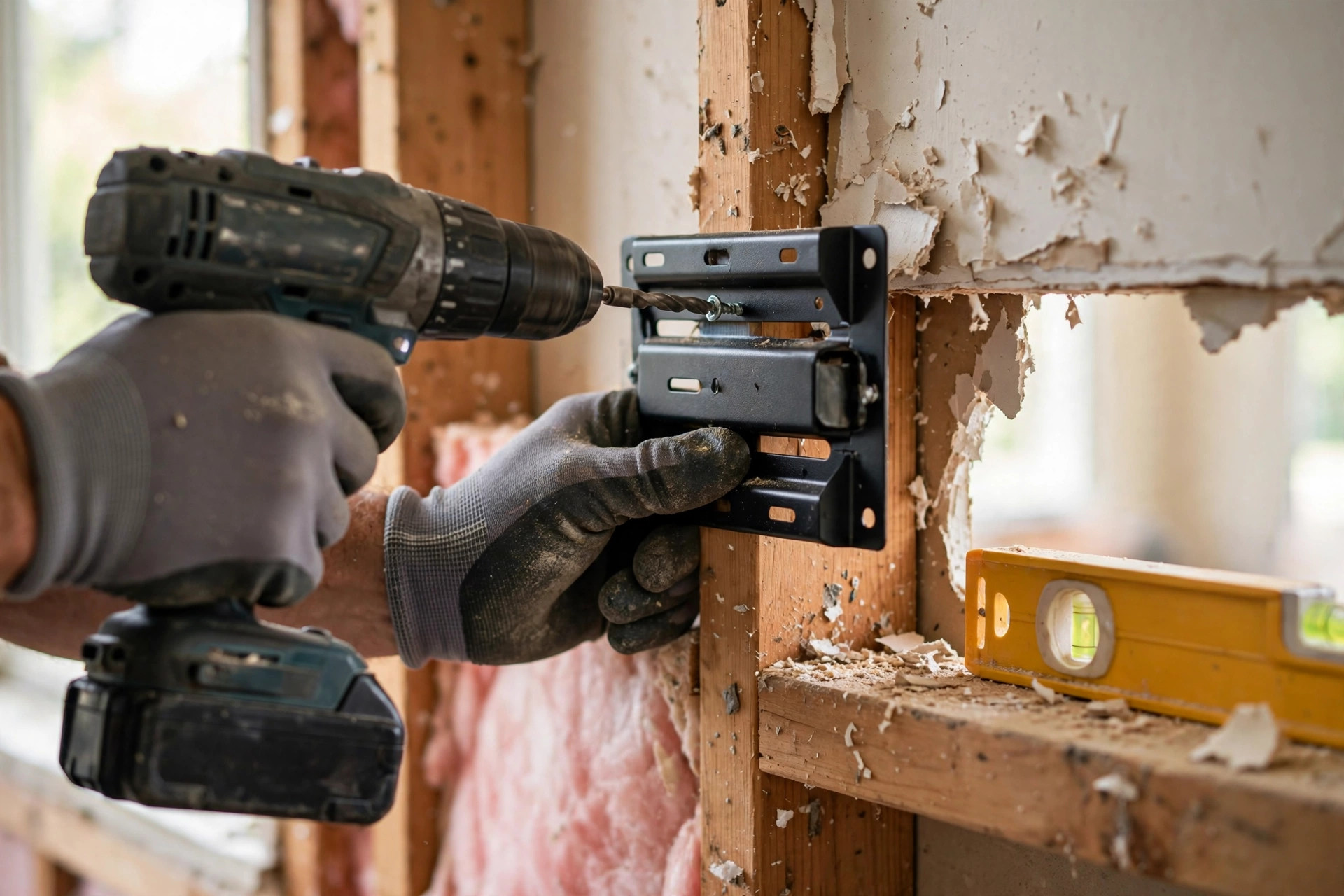 Handyman drilling a TV wall-mount bracket into wall studs during TV mounting in Niagara