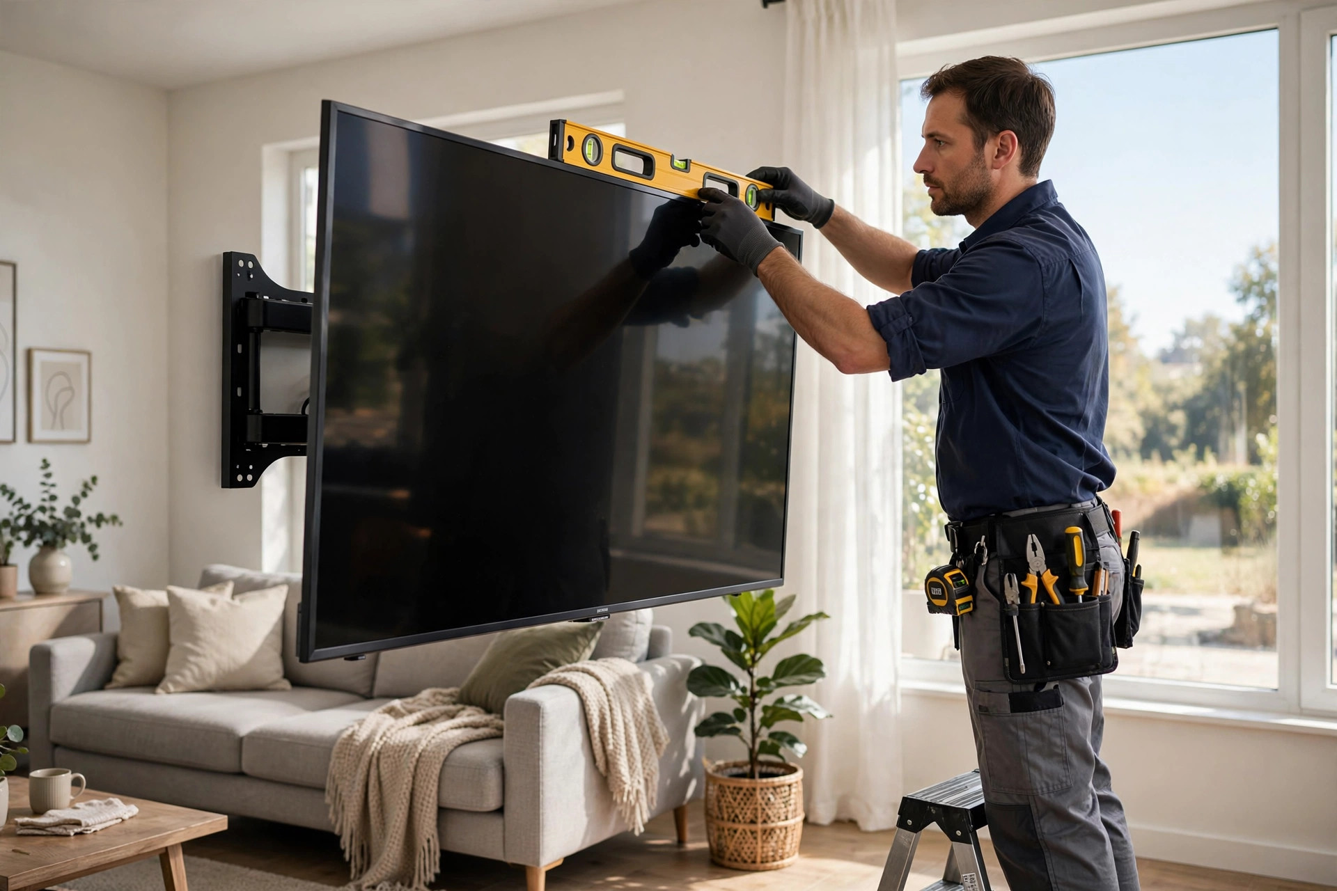 BuildNest handyman leveling a flat-screen TV on a tilt wall mount in a Niagara home