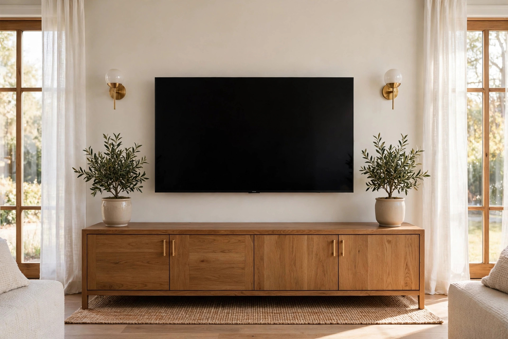 Finished TV wall mounting in Niagara — large flat-screen TV perfectly mounted with hidden cables