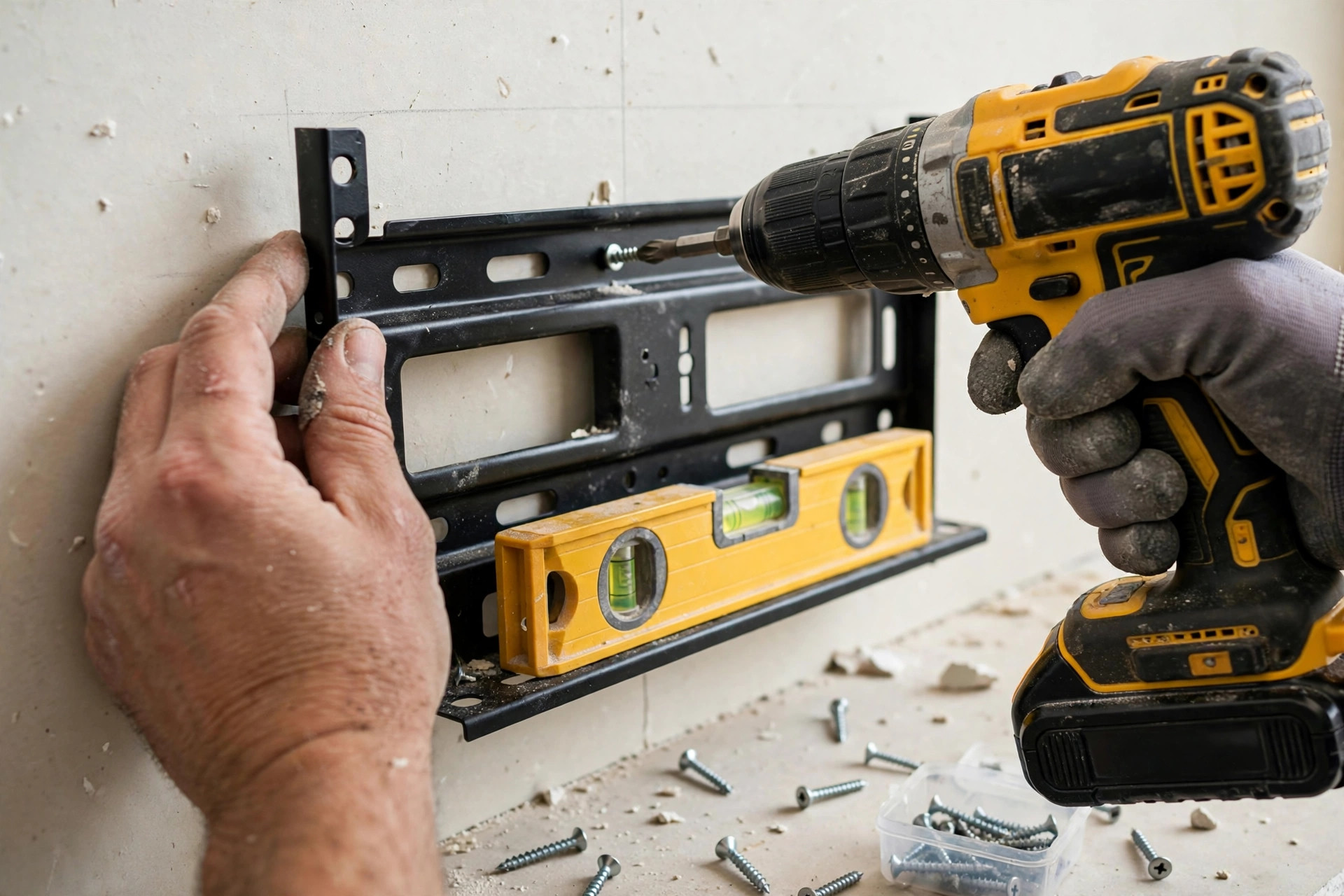 TV mounting St. Catharines — handyman drilling a TV wall-mount bracket into drywall with a level