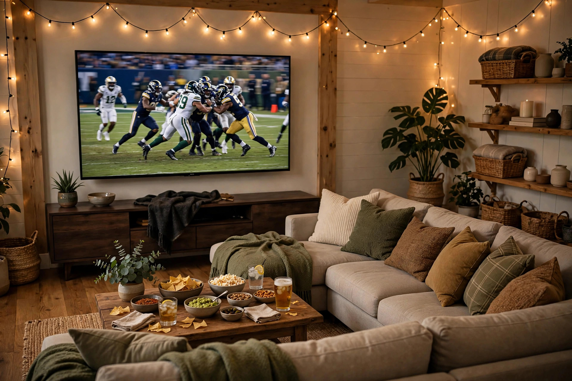 TV mounting St. Catharines — wall-mounted TV set up for a Grey Cup viewing party with snacks
