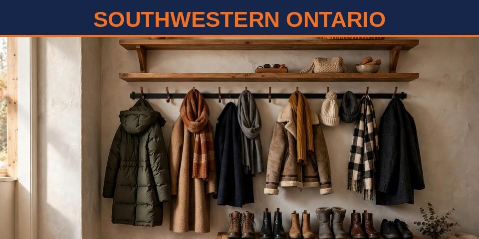 Shelf installation in Southwestern Ontario — winter entryway storage poster