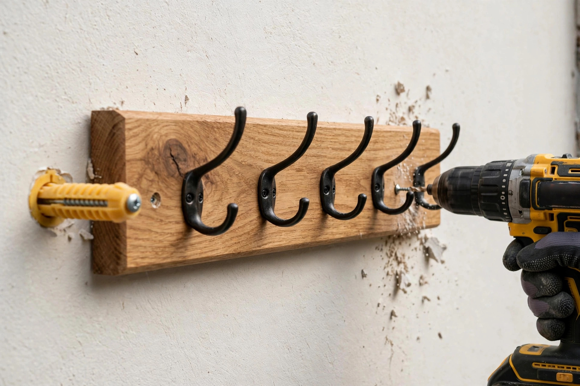 Shelf installation in Southwestern Ontario — wooden coat hook rail being mounted with a drill and wall anchors