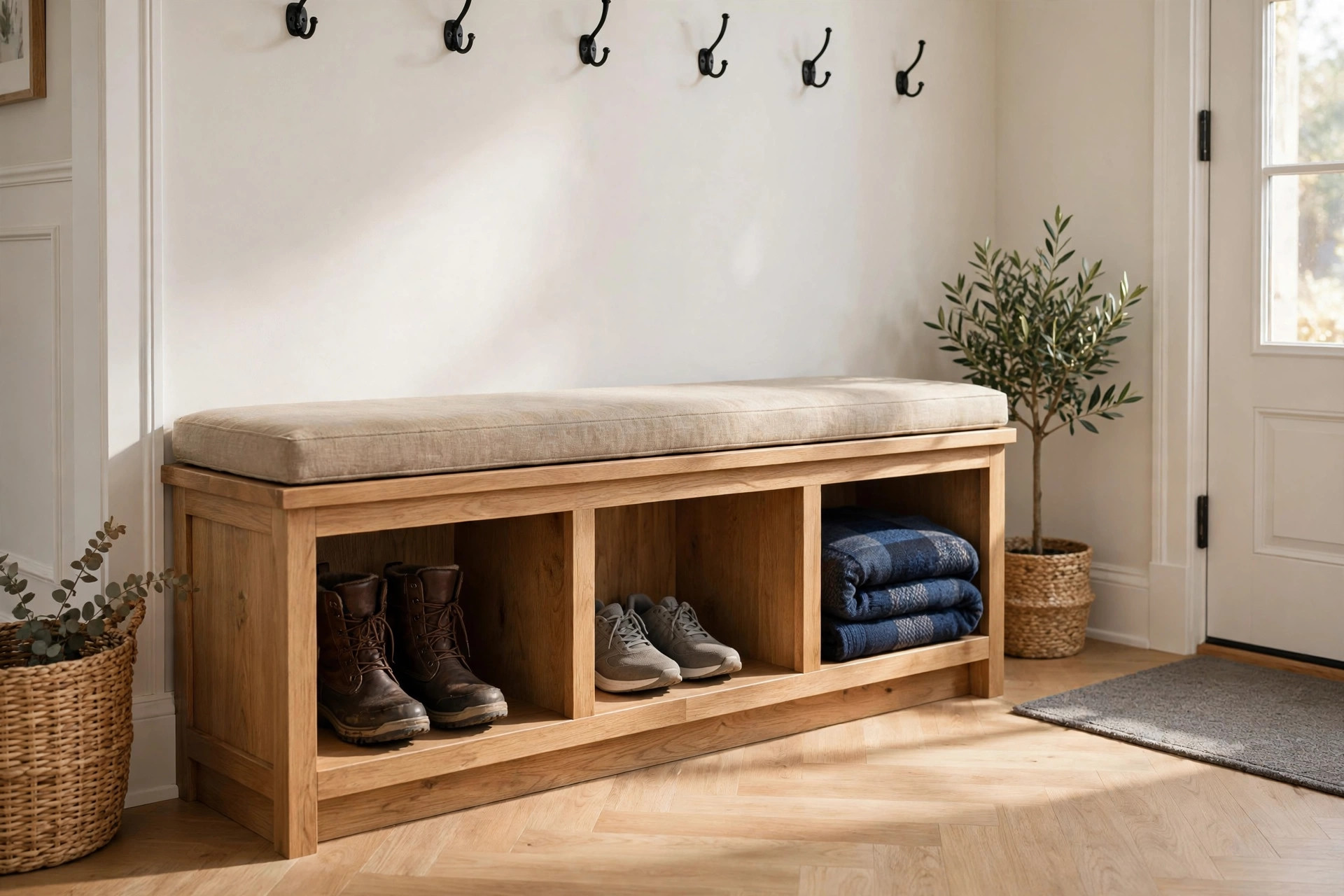 Shelf installation in Southwestern Ontario — finished wooden storage bench with cubbies holding boots and shoes